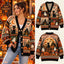 Vintage Spooky Halloween Patchwork Knitted Cardigan - Black Cat & Pumpkin Sweater