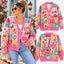 Dolly Country Western Cowgirl Pink Guitar, Cowboy Hat & Butterfly Floral Patchwork Knitted Cardigan Sweater
