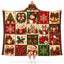 Cozy Christmas Quilt Pattern Hooded Blanket - Vintage Holiday Season Wearable Throw Blanket for Adults & Kids