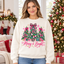 Female model wearing the Christmas-tree sweatshirt