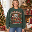 Female model wearing the green Christmas sweatshirt