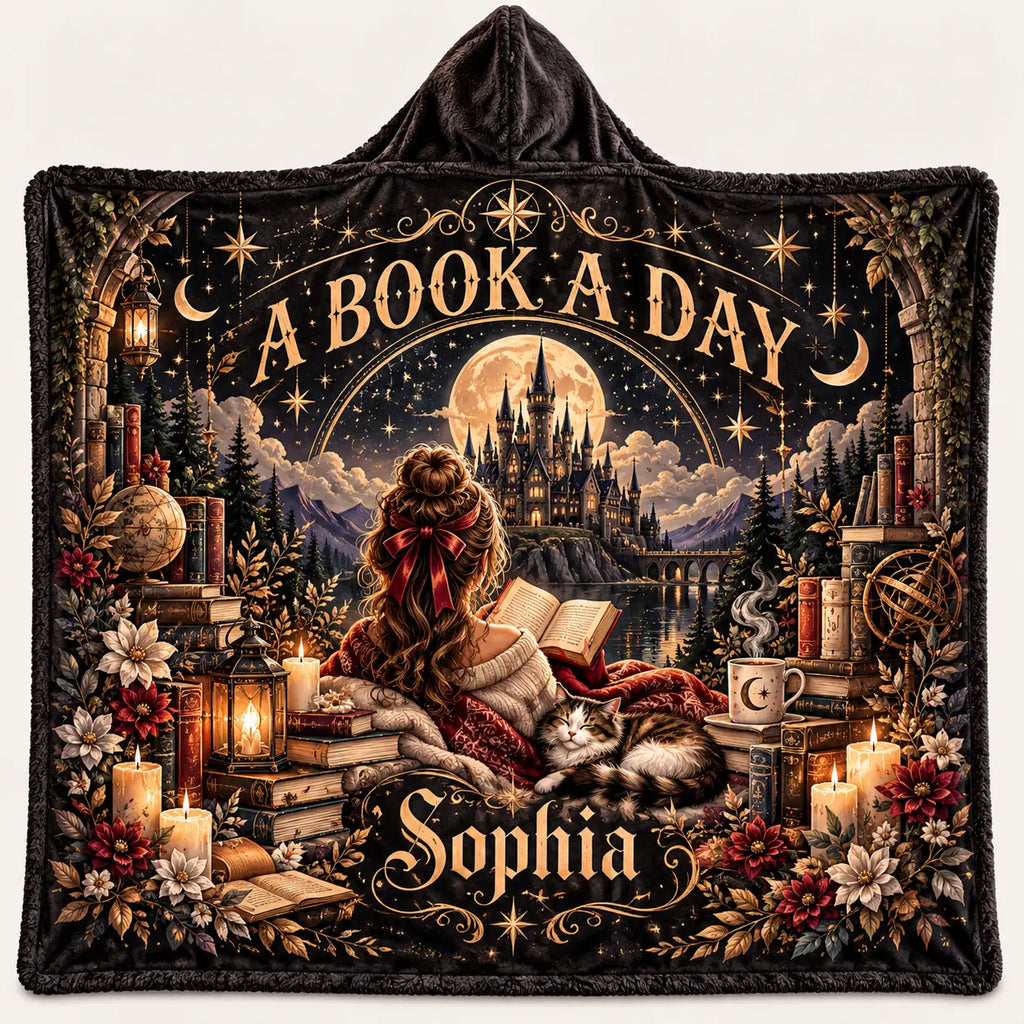 Personalized A Book A Day Hooded Blanket, Bookish Aesthetic Cozy Reading Wearable Throw Blanket