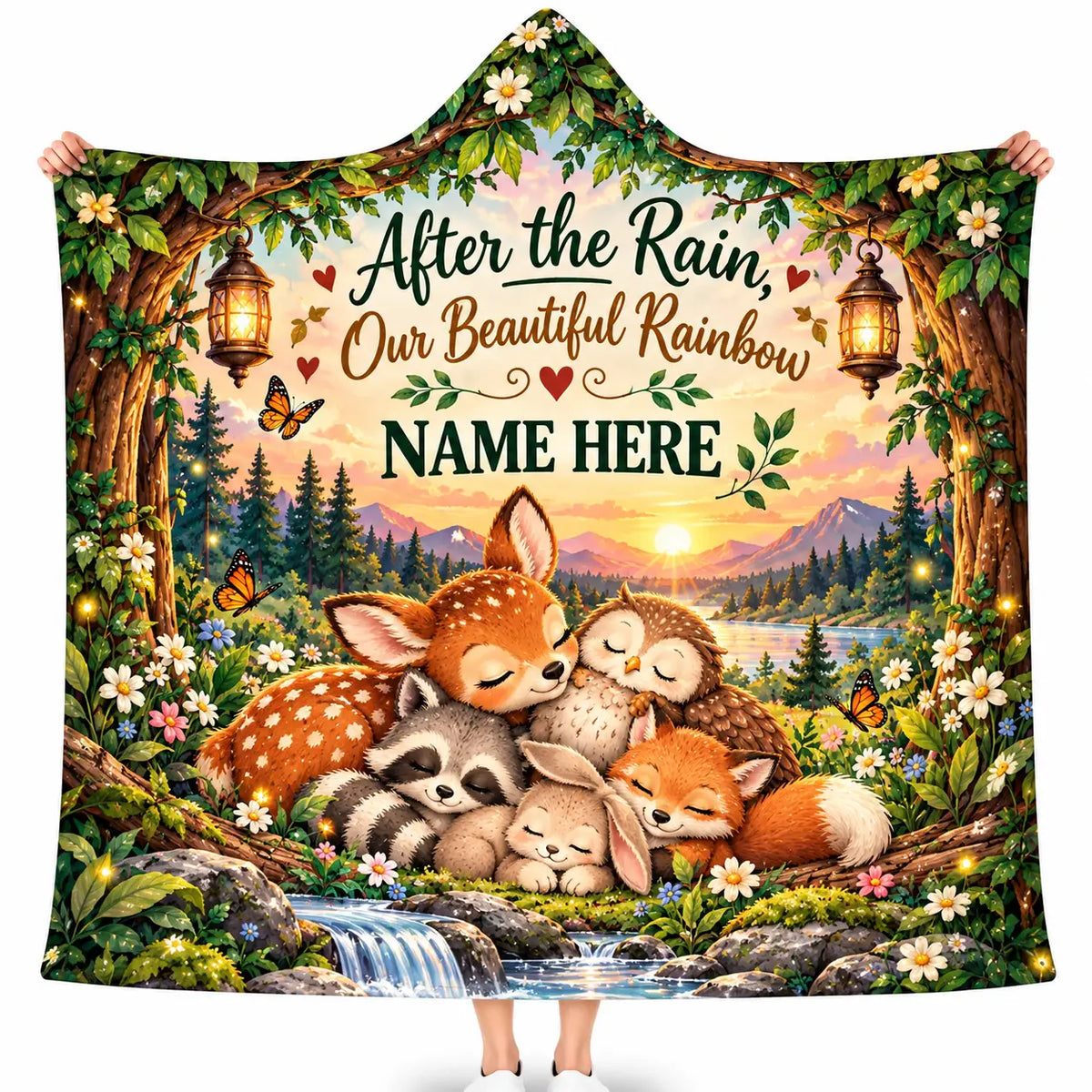 Personalized After the Rain Beautiful Rainbow Hooded Blanket, Woodland Baby Gift