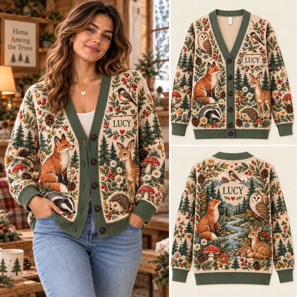 Personalized Woodland Creature Knitted Cardigan - Custom Name Forest Wildlife Sweater