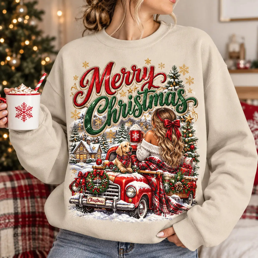 Merry Christmas Red Truck Sweatshirt – Cozy Holiday Girl & Golden Dog Crewneck