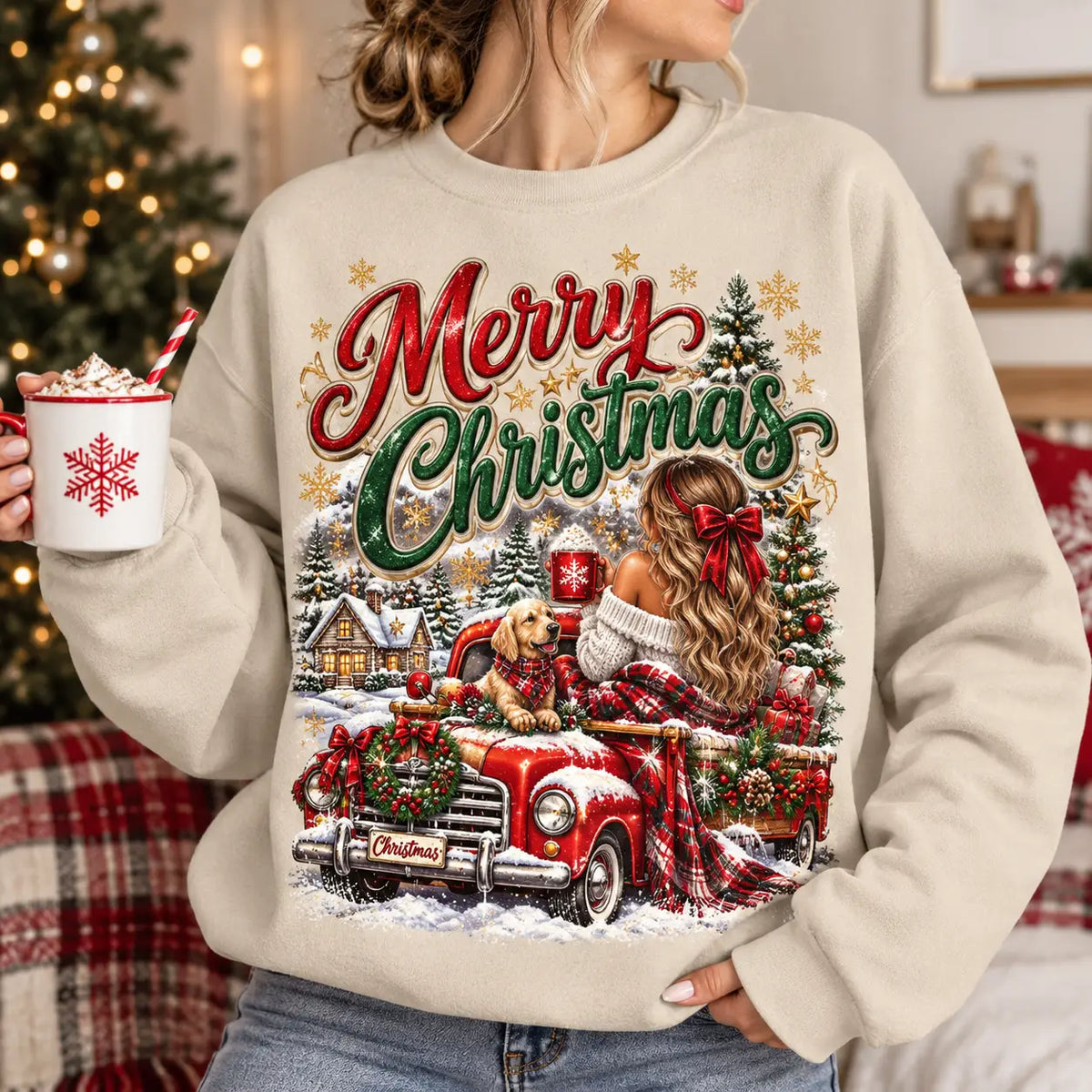 Merry Christmas Red Truck Sweatshirt – Cozy Holiday Girl & Golden Dog Crewneck