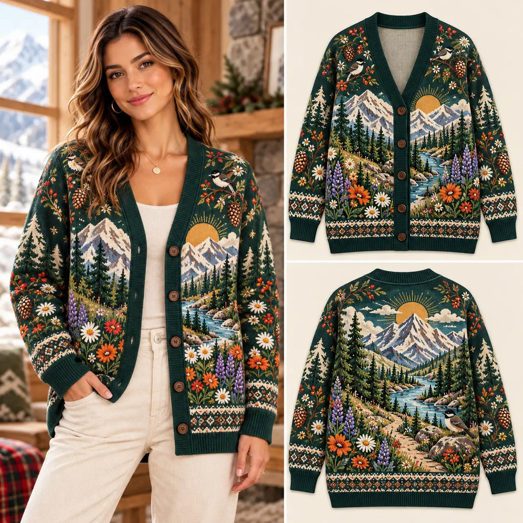 Vintage Alpine Mountain Landscape Knitted Cardigan Sweater