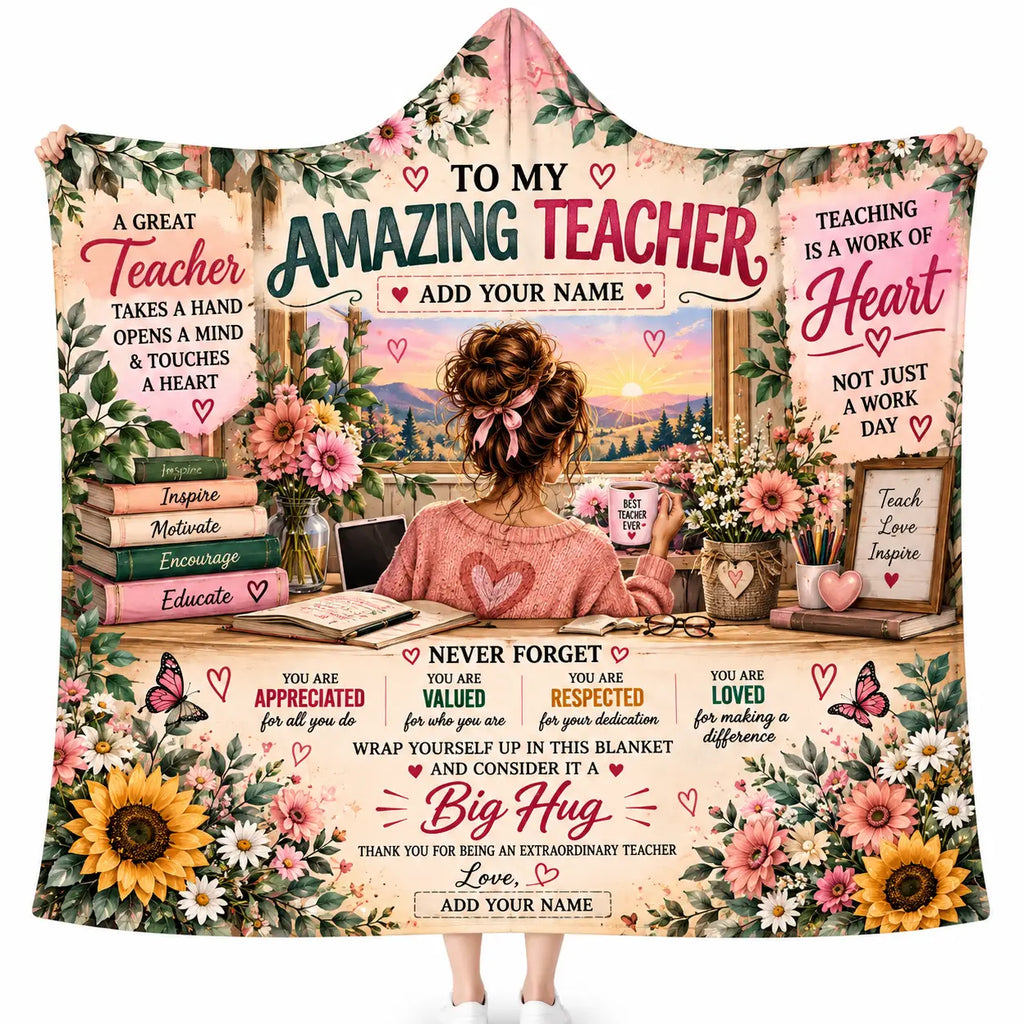 Personalized To My Amazing Teacher Hooded Blanket, Custom Big Hug Gift
