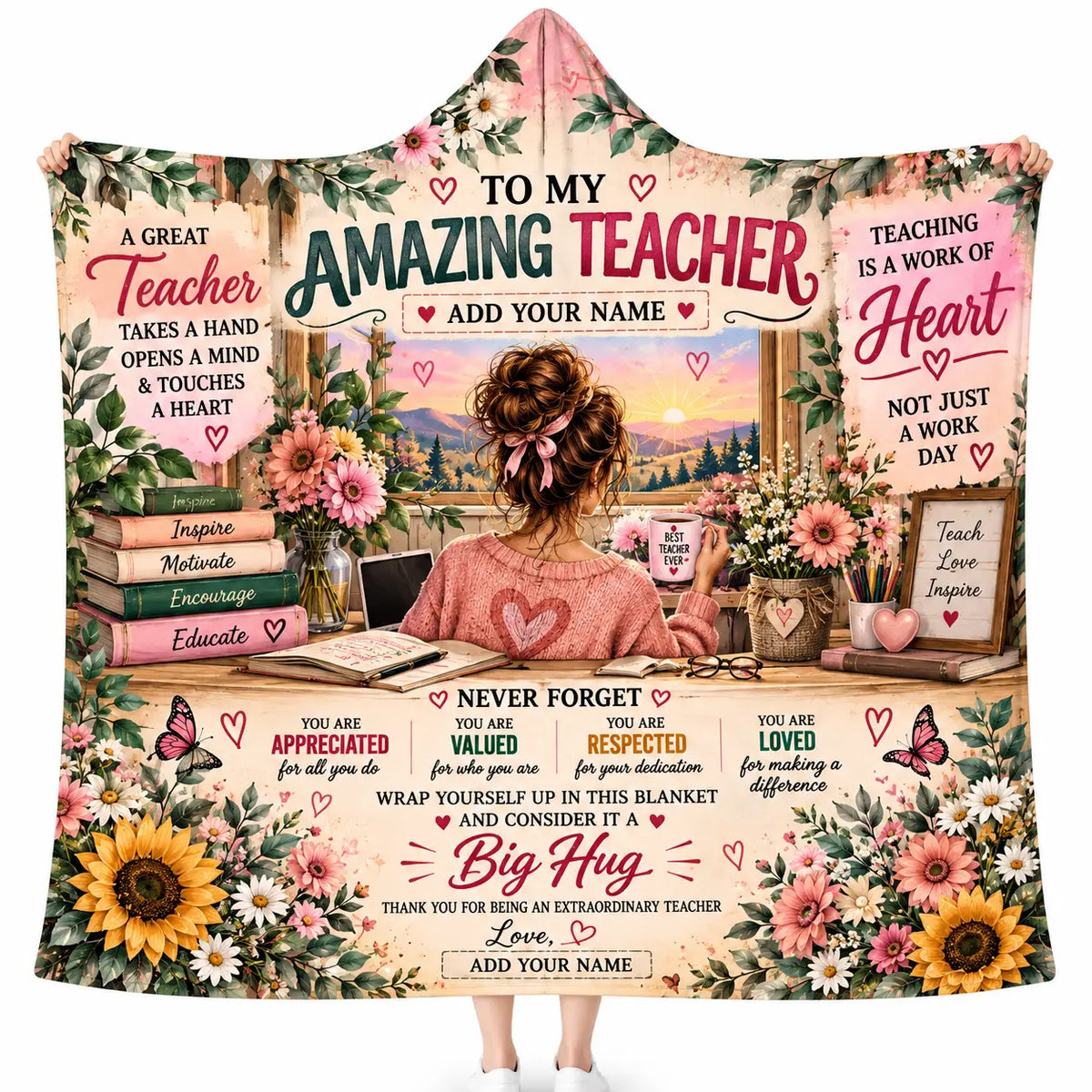Personalized To My Amazing Teacher Hooded Blanket, Custom Big Hug Gift