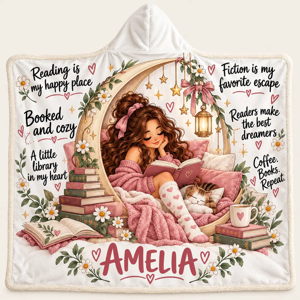Personalized Reading Is My Happy Place Hooded Blanket, Book Lover Gift