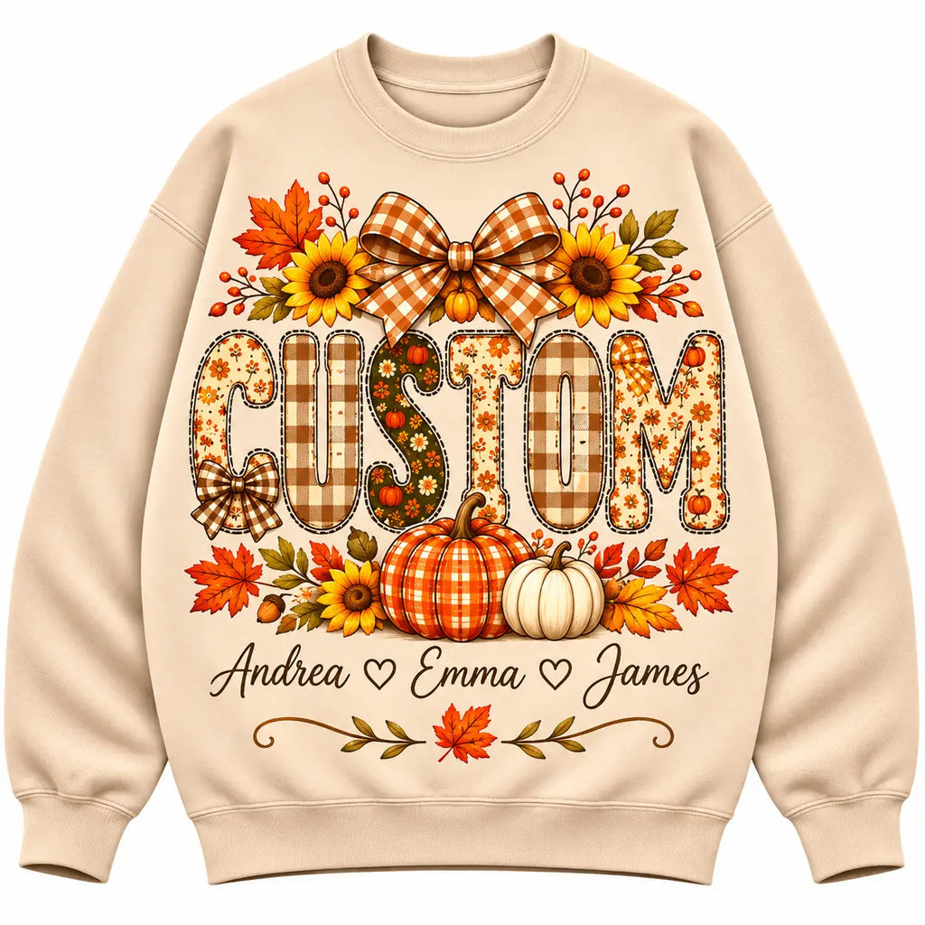 Custom Mama Sweatshirt with Kids Names, Personalized Pumpkin Coquette Bow Fall Sweater