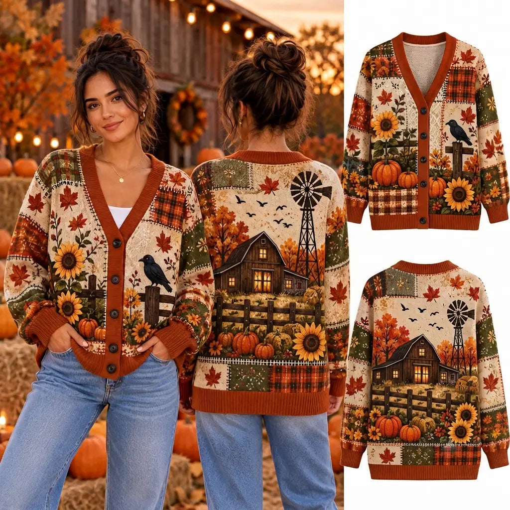 Autumn Farmhouse Christmas  Knitted Cardigan, Sunflower Sweater