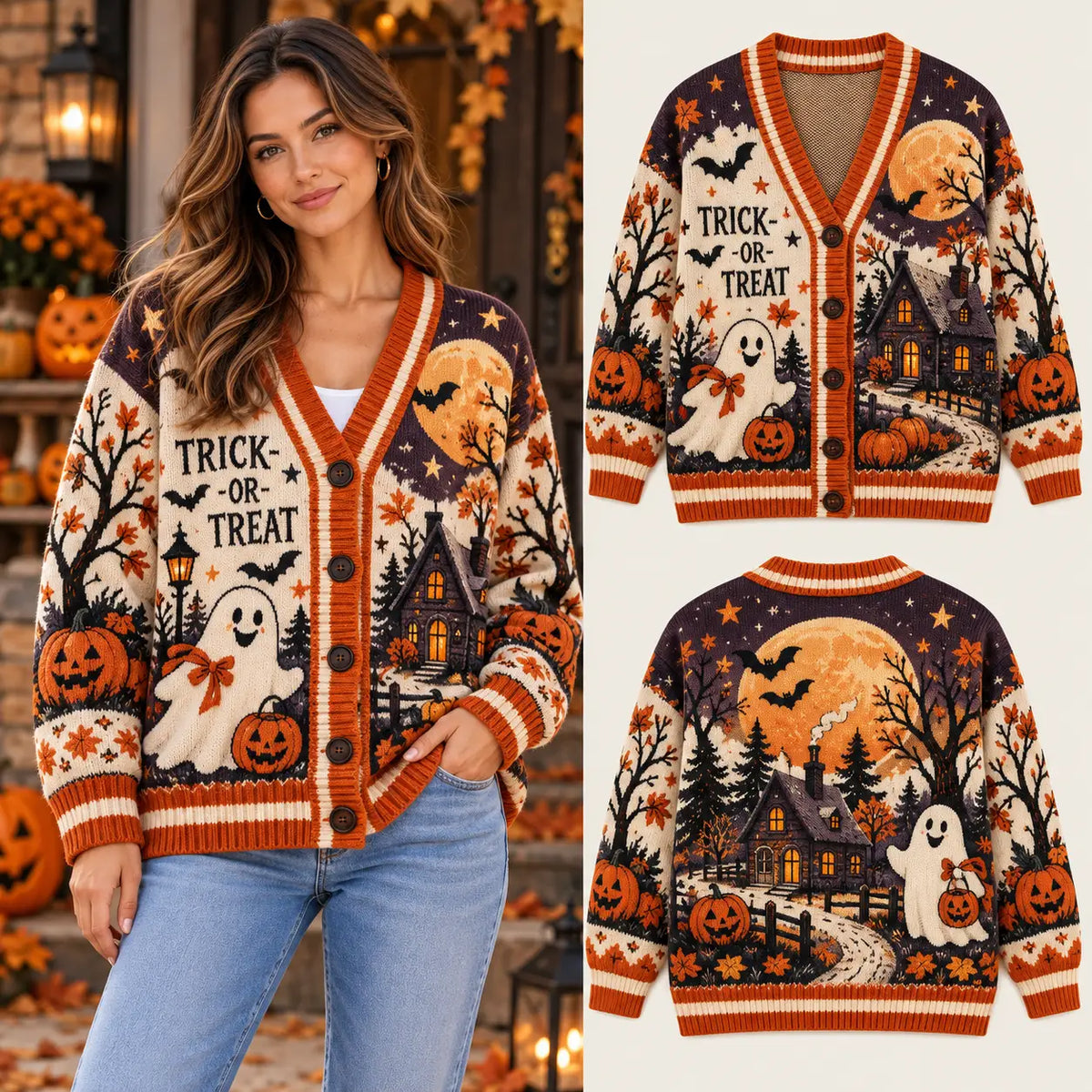 Autumn Halloween Trick or Treat Knitted Cardigan, Cozy Winter Outfit Sweater