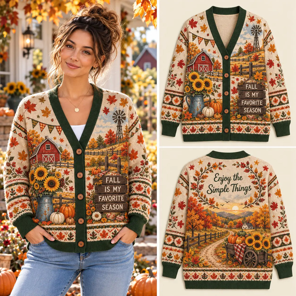Fall Is My Favorite Season Pumpkin & Sunflower Knitted Cardigan Sweater for Women