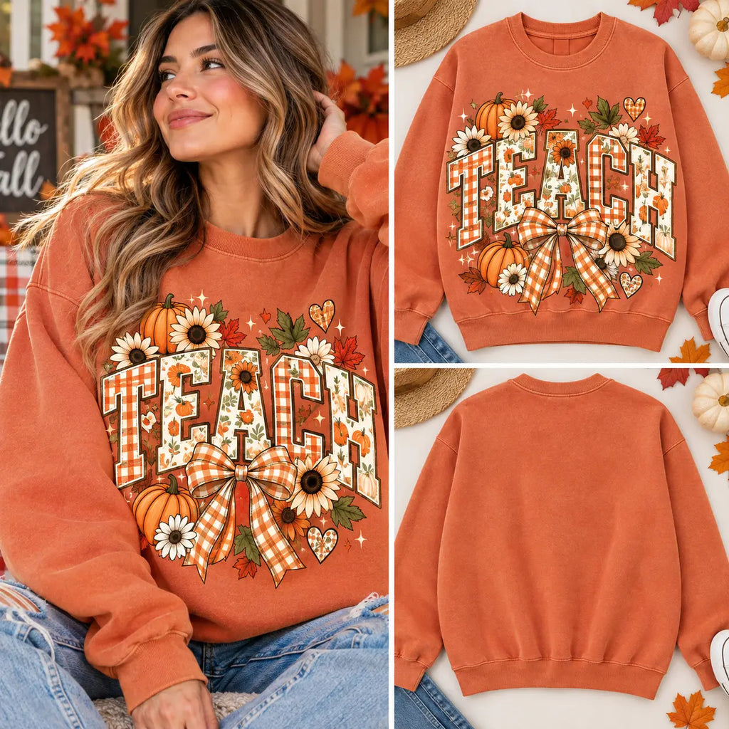 Autumn Teacher Gingham Bow & Pumpkins Graphic Sweatshirt