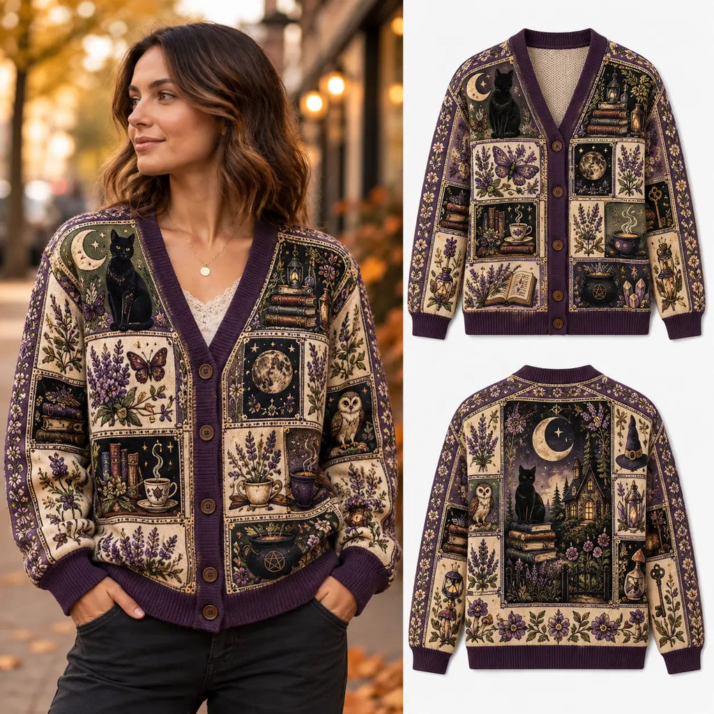 Autumn Witchy Halloween Knitted Cardigan, Christmas Sweater
