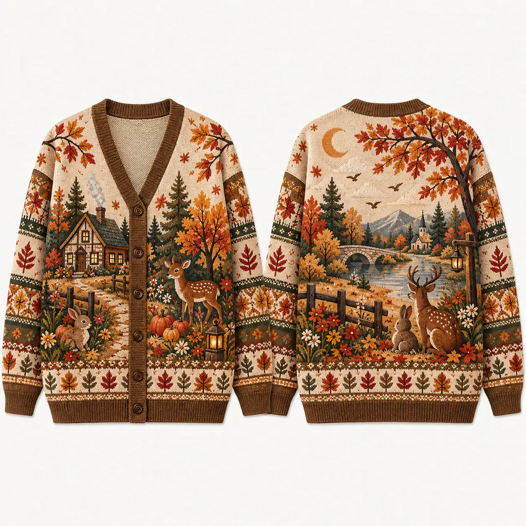 Autumn Farm Reindeer Christmas Knitted Cardigan, Autumn Sweater