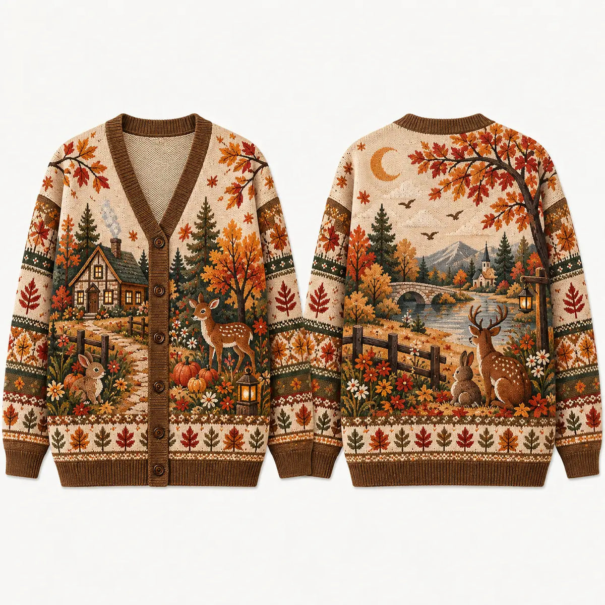 Autumn Farm Reindeer Christmas Knitted Cardigan, Autumn Sweater