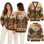 Personalized Autumn Woodland Reindeer & Fox Christmas Knitted Cardigan, Autumn Sweater