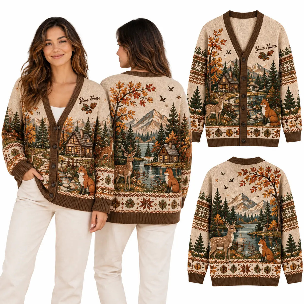 Personalized Autumn Woodland Reindeer & Fox Christmas Knitted Cardigan, Autumn Sweater