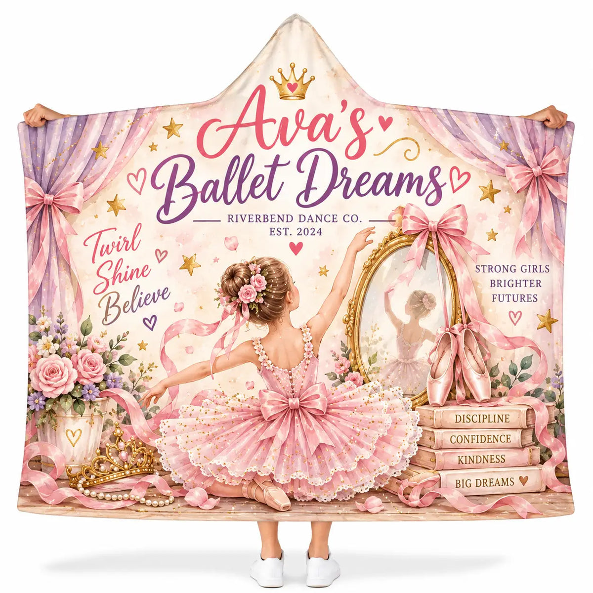 Personalized Ballet Dreams Hooded Blanket - Ballerina Princess Pink Fleece Throw Gift for Girls