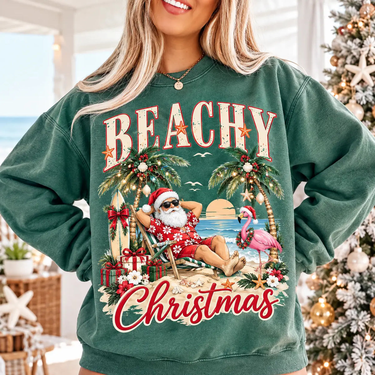 Beachy Santa & Flamingos Christmas Sweatshirt, Winter Sweater Outfit