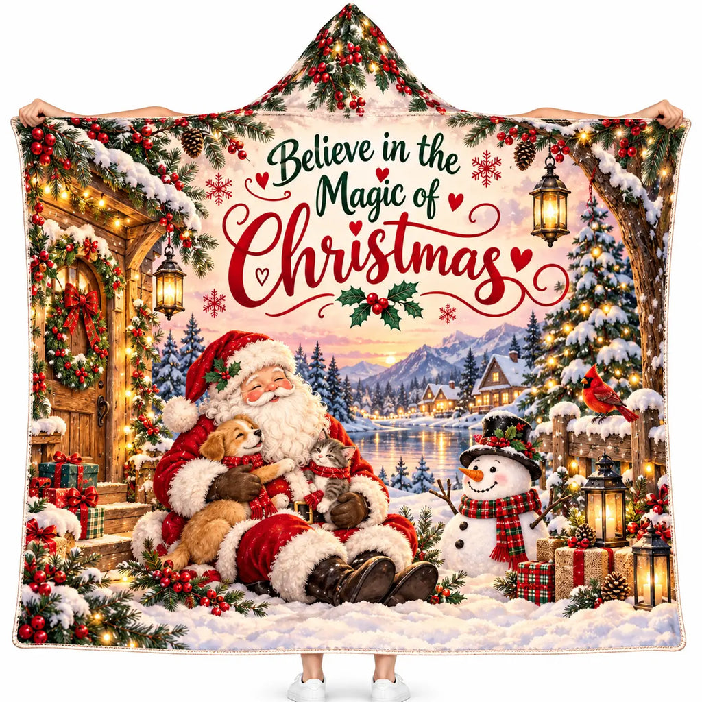 Believe in Magic of Christmas Hooded Blanket, Santa Snowman Puppy Kitten Gift