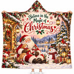 Believe in Magic of Christmas Hooded Blanket, Santa Snowman Puppy Kitten Gift