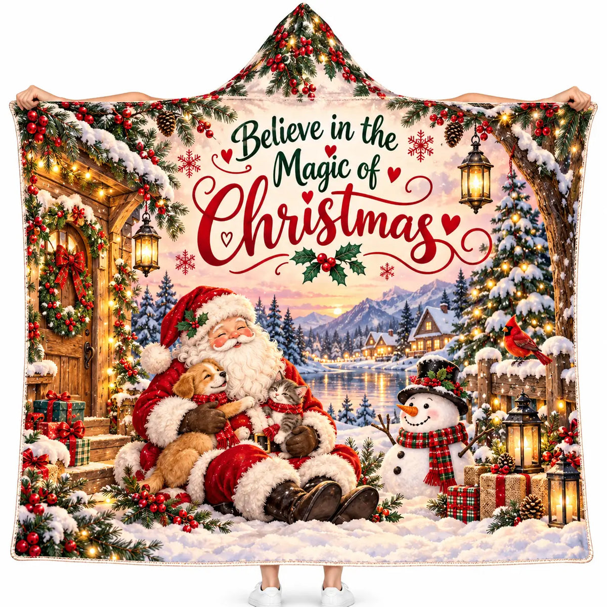 Believe in Magic of Christmas Hooded Blanket, Santa Snowman Puppy Kitten Gift