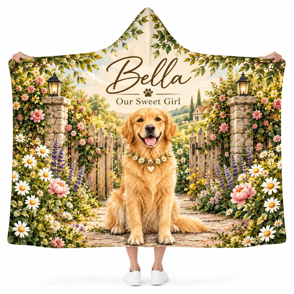 Personalized Golden Retriever Hooded Blanket, Dog Garden Gate Dog Lover Gift