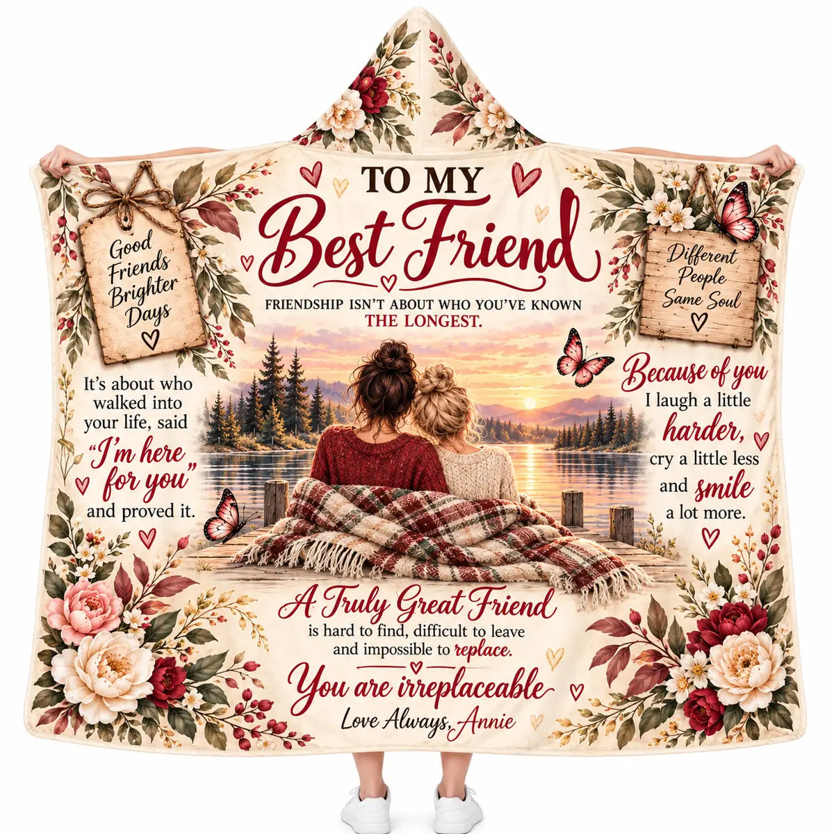 Personalized To My Best Friend Hooded Blanket, Sunset Lake Dock Birthday Gift