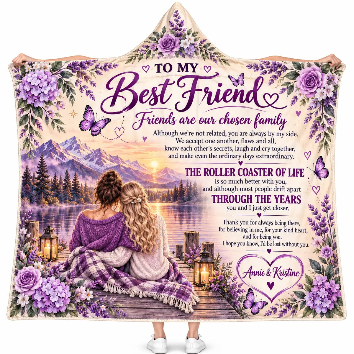 Personalized To My Best Friend Hooded Blanket, Purple Lavender Sunset Dock Gift