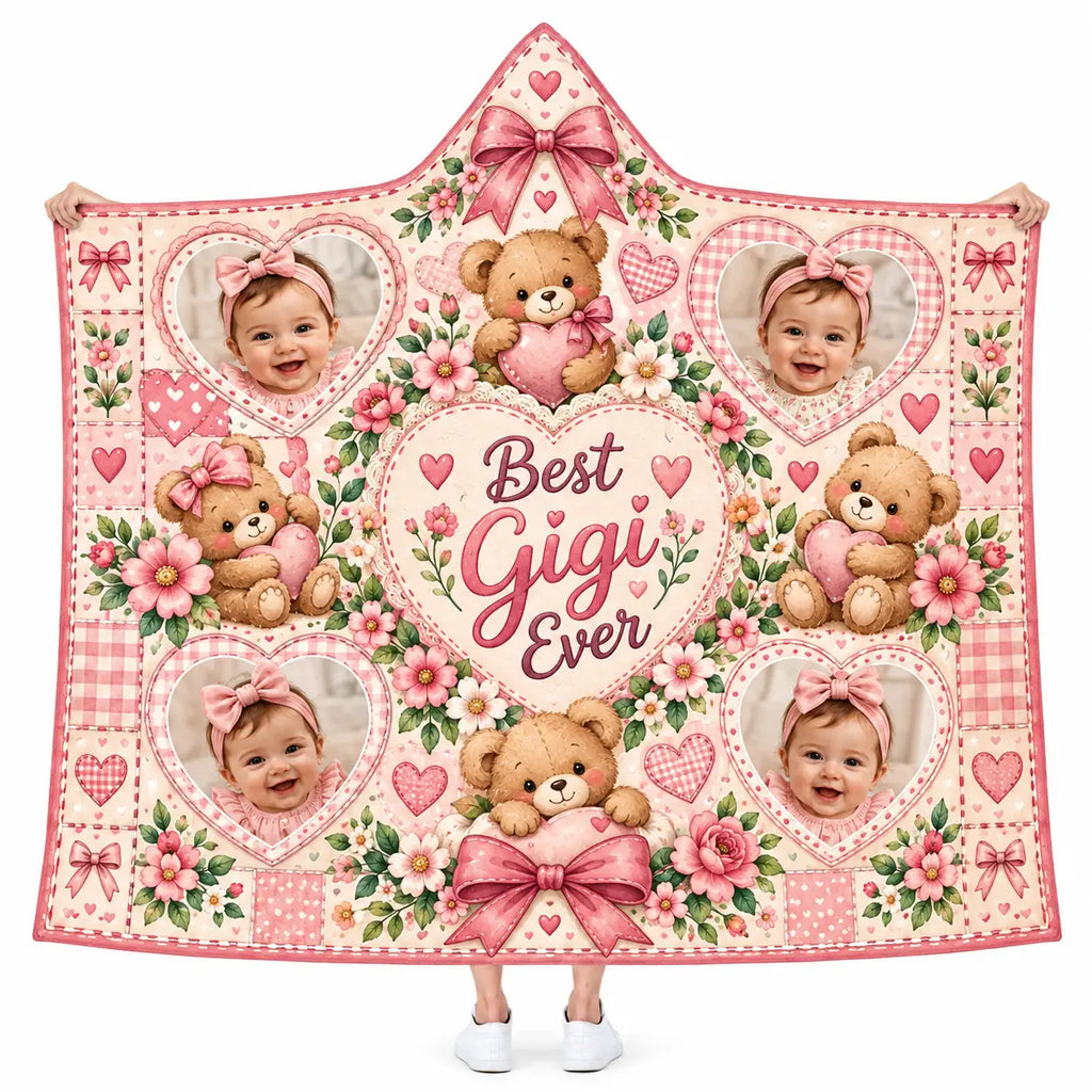 Personalized Best Gigi Ever Photo Collage Hooded Blanket, Pink Grandma Gift
