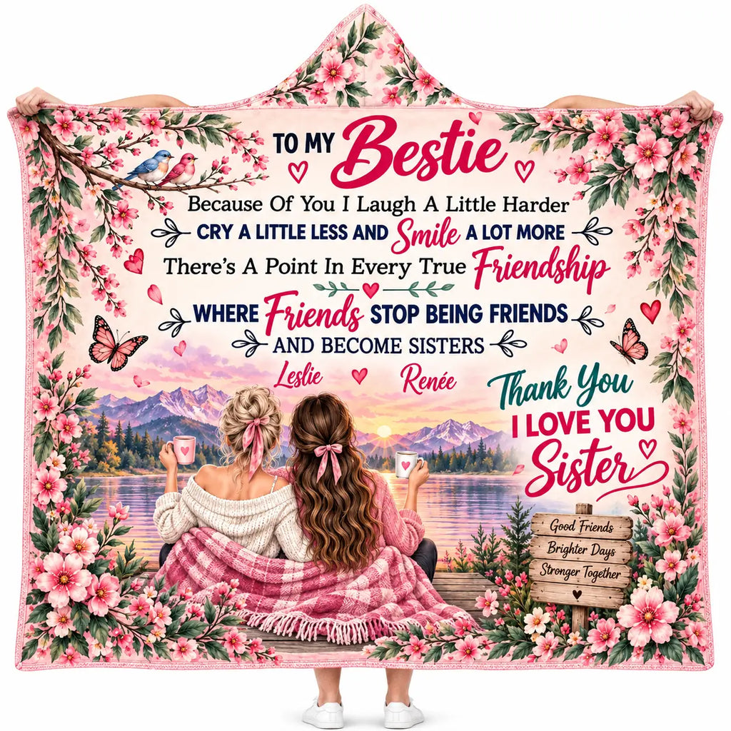 Personalized To My Bestie Hooded Blanket, Pink Cherry Blossom Sister Birthday Gift