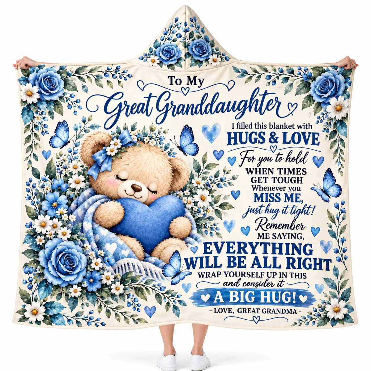 To My Great Granddaughter Hooded Blanket, Blue Floral Teddy Bear Hug Gift