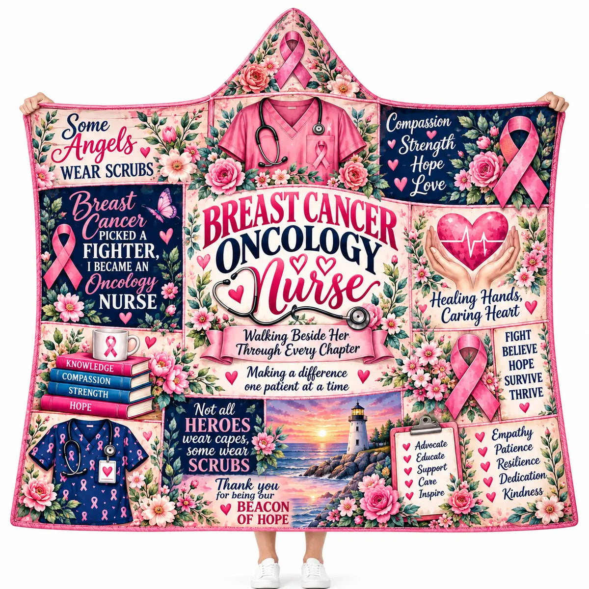 Nurse Appreciation Hooded Blanket – Pink Ribbon Support Gift for Nurses