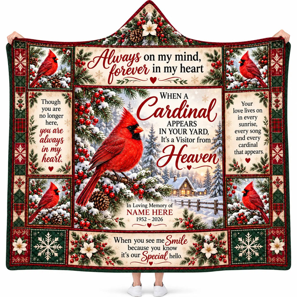 Personalized Red Cardinal Memorial Hooded Blanket, Visitor from Heaven Gift