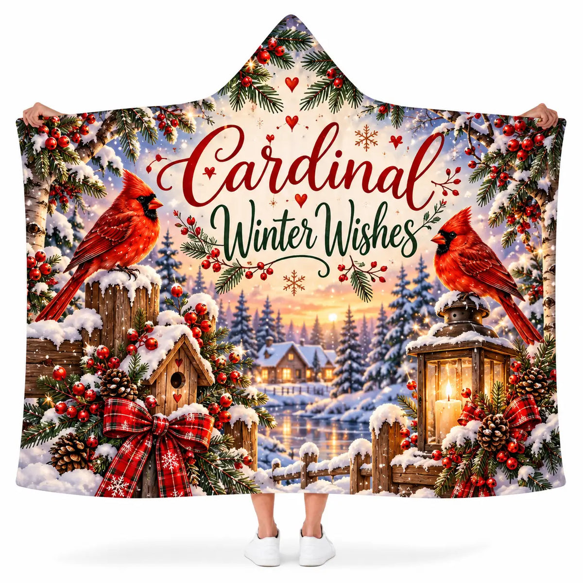 Cardinal Winter Wishes Hooded Blanket, Red Cardinal Lantern Christmas Bird Gift