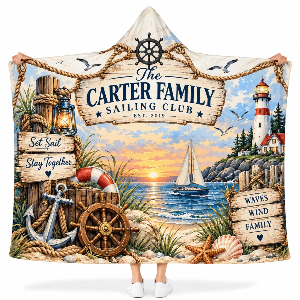 Personalized Nautical Family Hooded Blanket, Sailboat Lighthouse Ocean Sunset Gift