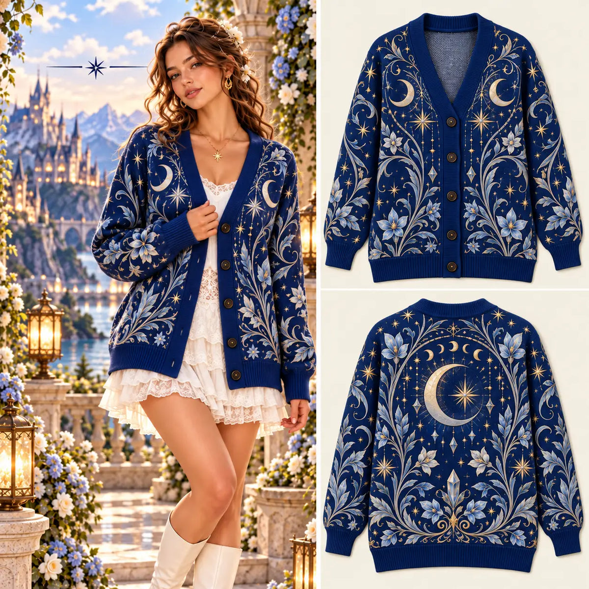 Celestial Night Garden Christmas Knitted Cardigan, Cozy Winter Outfit Sweater