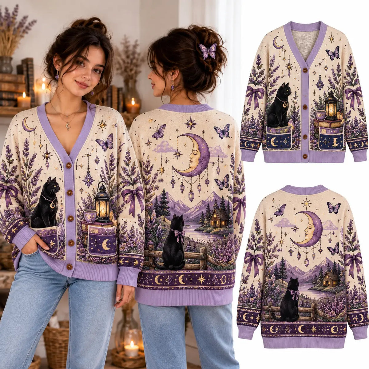 Celestial Lavender Christmas Knitted Cardigan, Autumn Sweater