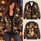 Whimsigoth Celestial Tarot & Black Cat Christmas Knitted Cardigan Sweater