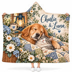 Personalized Pet Name Hooded Blanket, Sleeping Dog Cat Blue Floral Patchwork Gift