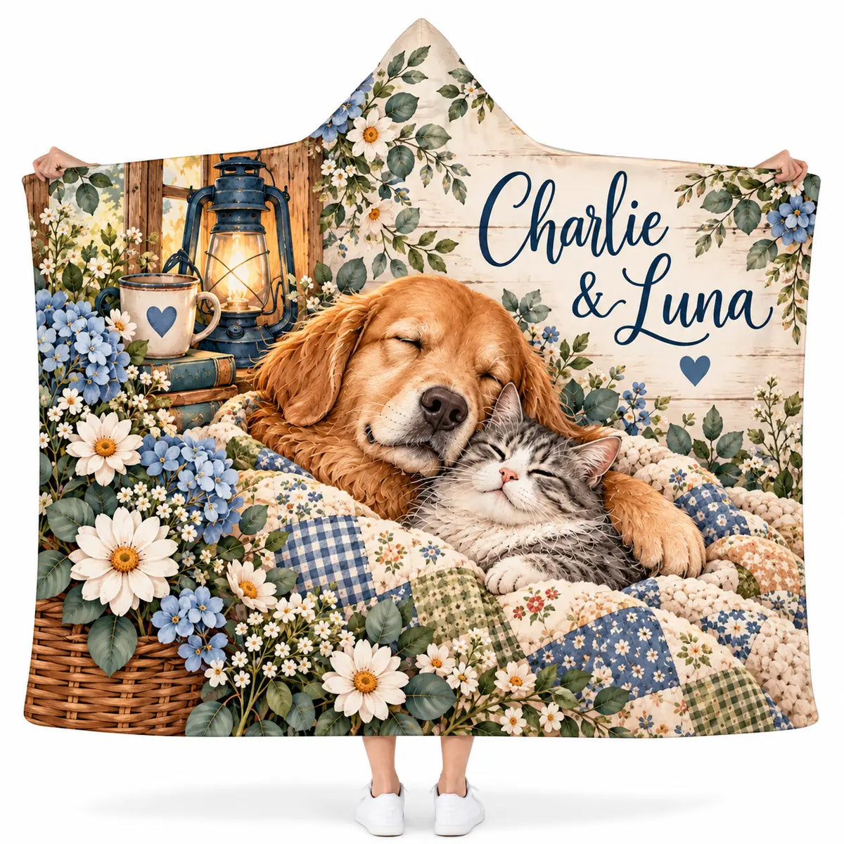 Personalized Pet Name Hooded Blanket, Sleeping Dog Cat Blue Floral Patchwork Gift