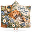 Personalized Pet Name Hooded Blanket, Sleeping Dog Cat Blue Floral Patchwork Gift