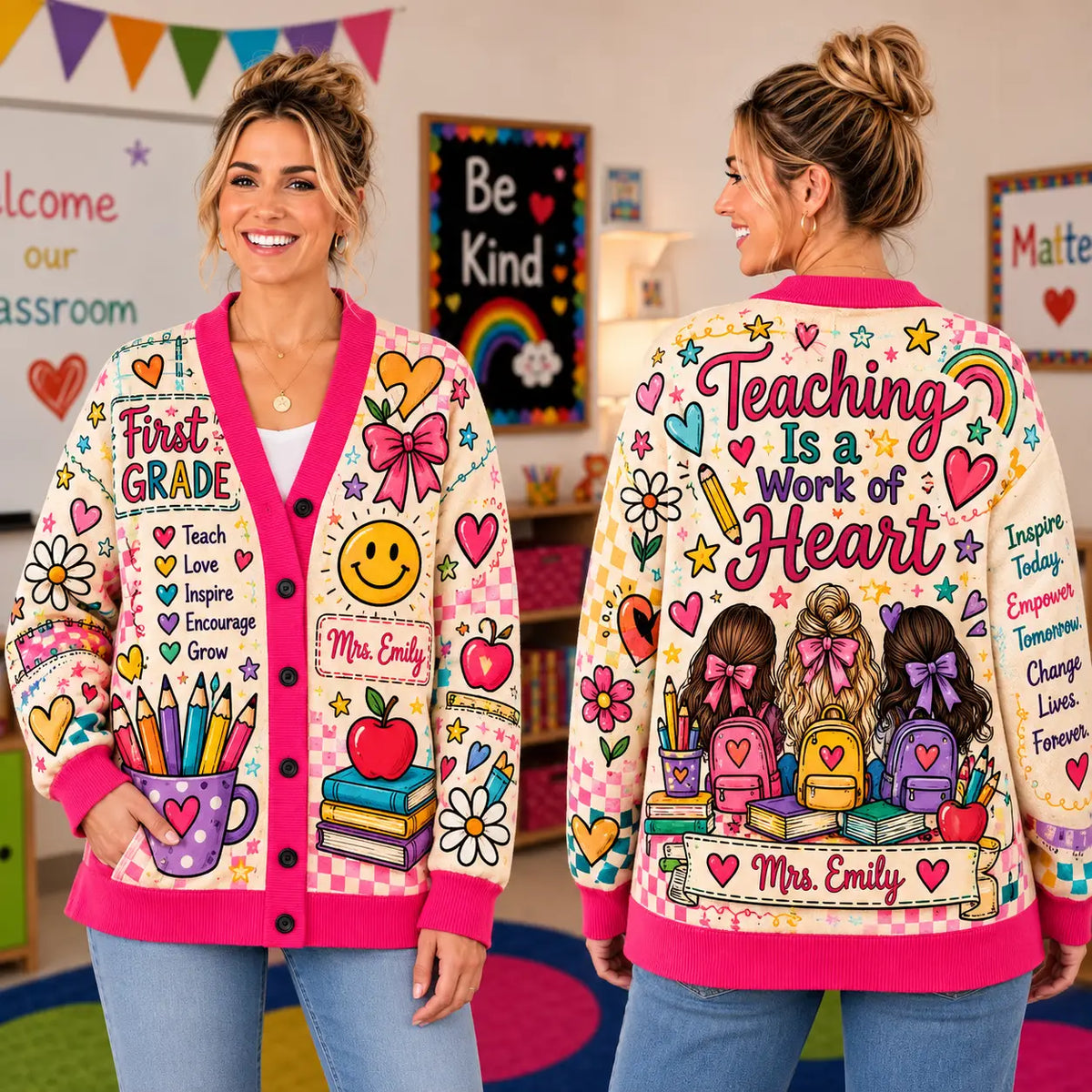Personalized Cheerful Teacher in Classroom Christmas Knitted Cardigan, Autumn Sweater