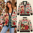 Christmas Belle Country Western Cowgirl Knitted Cardigan Sweater - Guitar & Boots Holiday Knitwear for Women