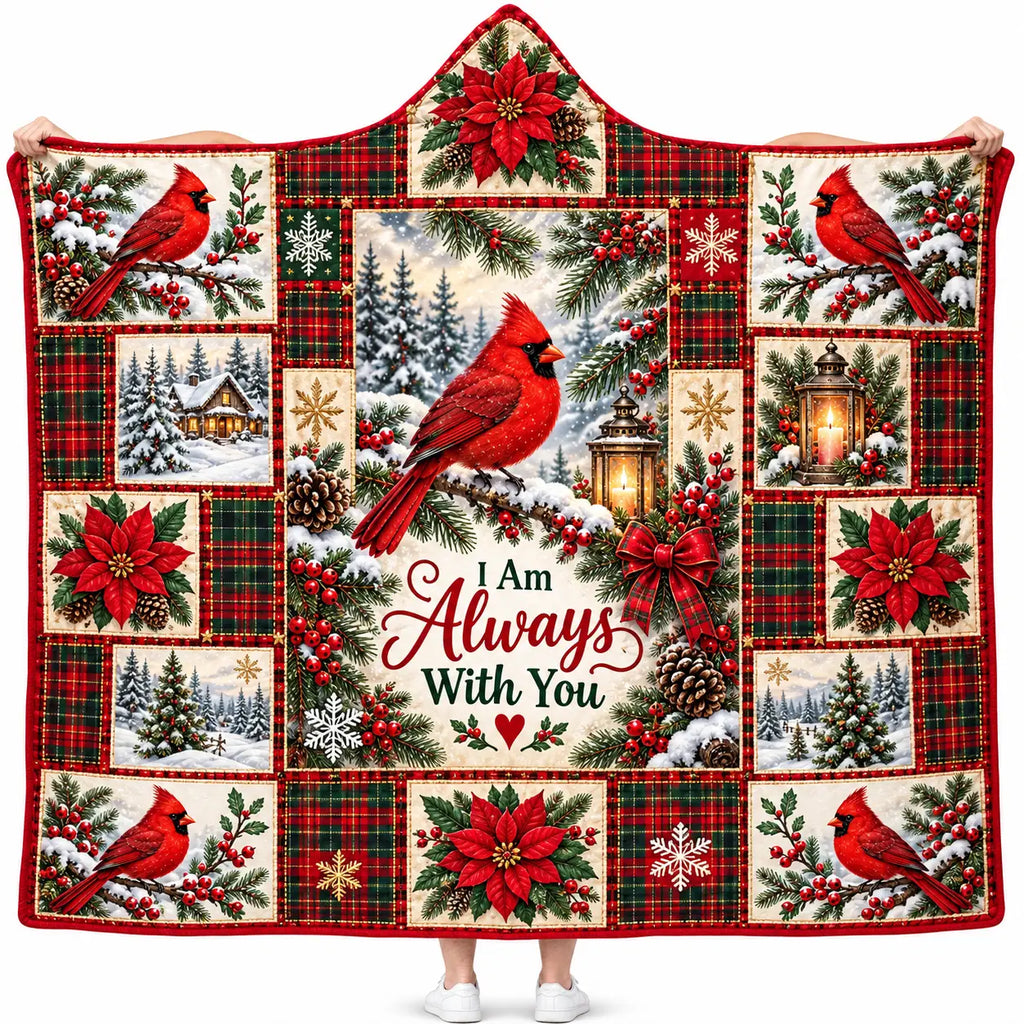 Red Cardinal Christmas Hooded Blanket, I Am Always With You Quilt Patchwork Gift