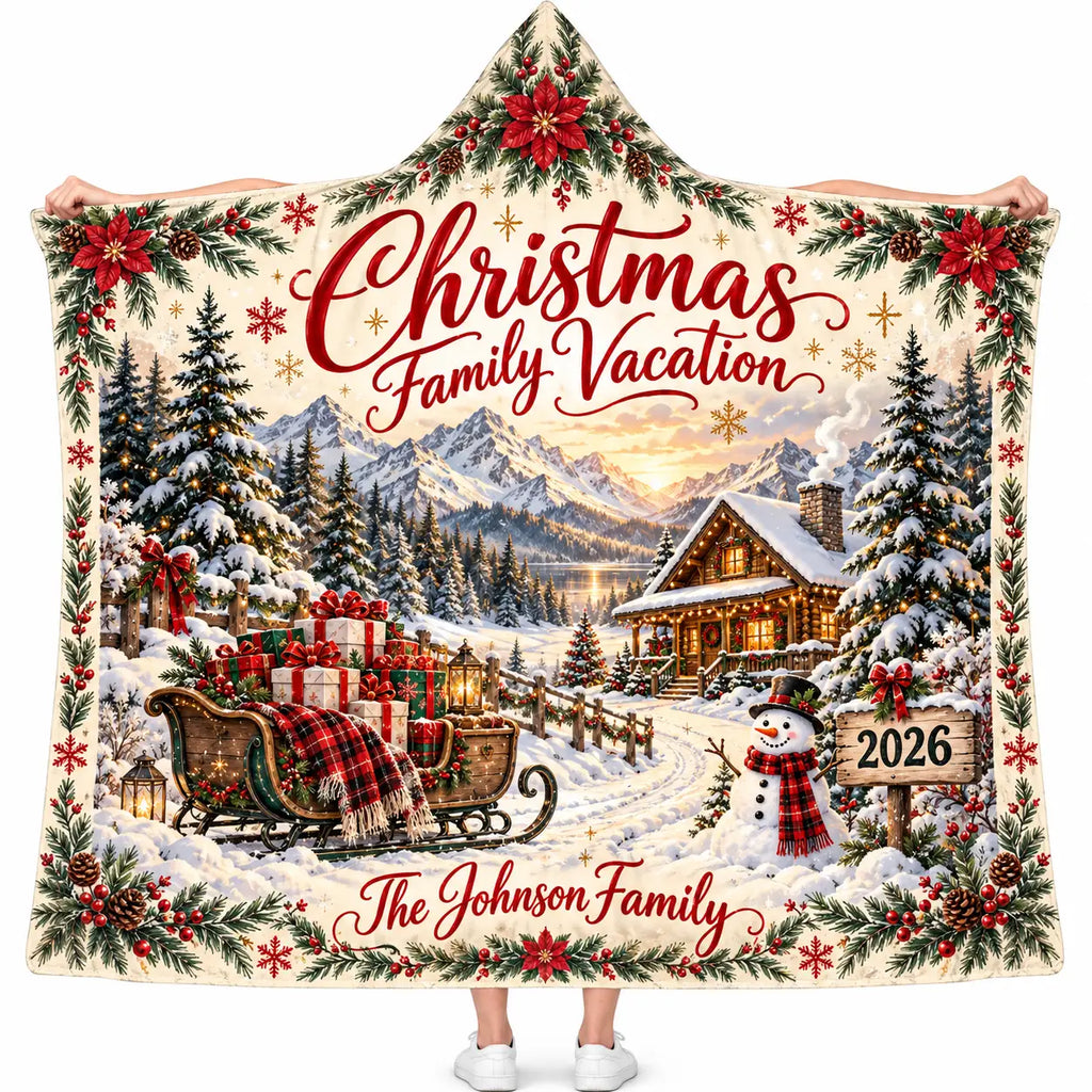 Personalized Christmas Family Vacation Hooded Blanket, Winter Cabin 2026 Gift