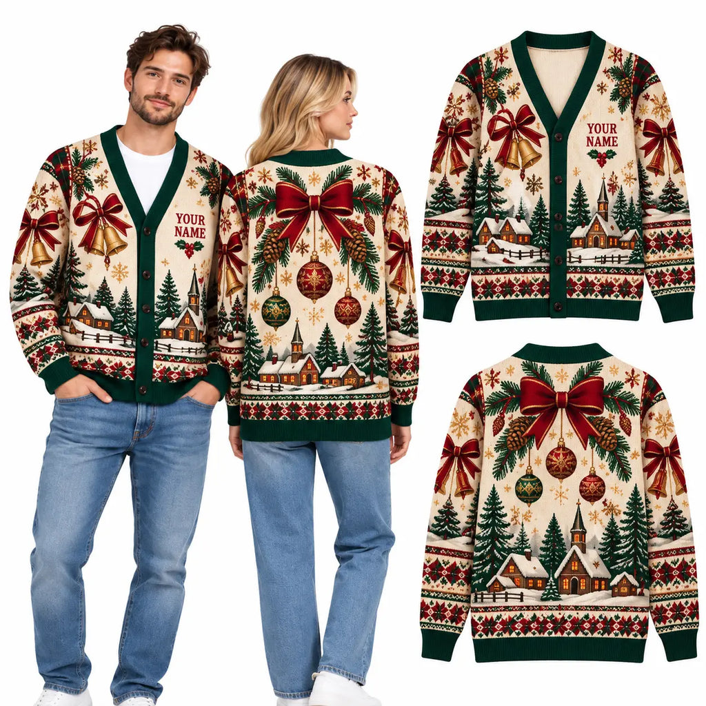 Personalized Christmas Knitted Cardigan, Custom Name Ornament Bow Sweater